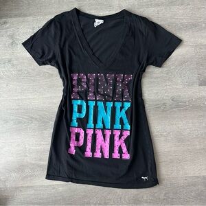 Victoria Secret Y2K Black and Pink Graphic V-Neck Women's Top